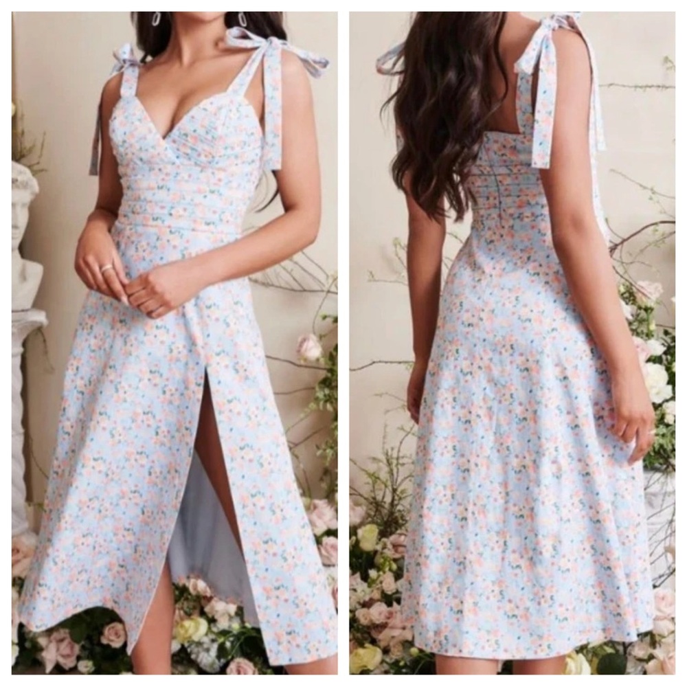 Lavish Alice Aria Pleated Tie Strap Midi Dress in Blue Floral | US 8 NWT